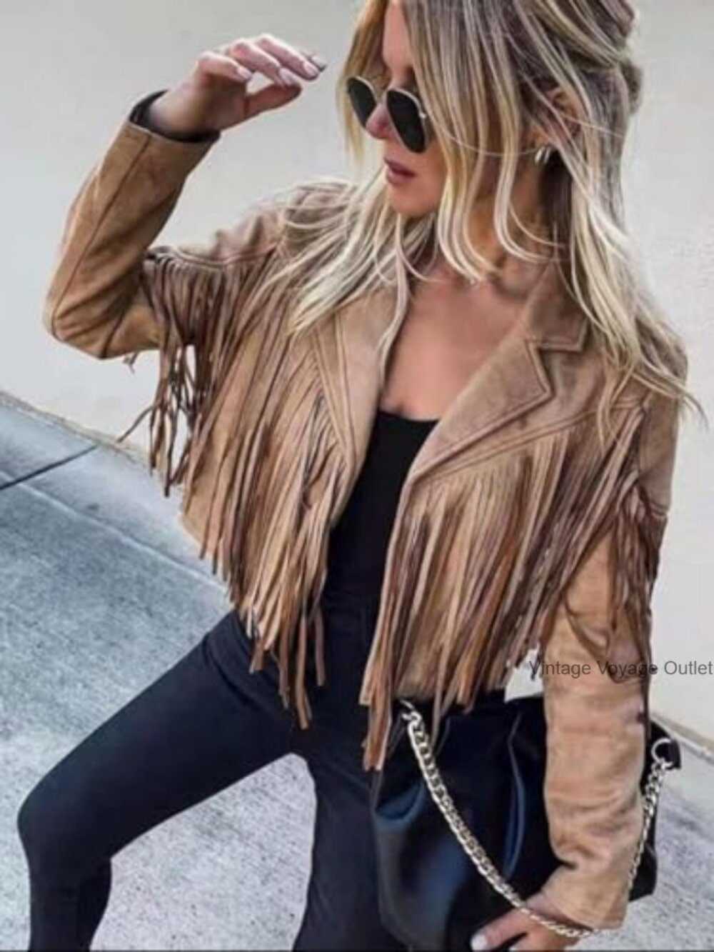 Faux Leather Cropped Jacket with Fringe Tassels, Western Style, Regular Fit - Picture 2 of 7